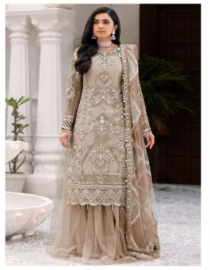 brown top - net with sequance embroidery with diamond work | dupatta - net with sequance embroidery work | bottom - net with santoon | length - 44