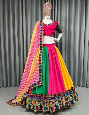 multi choli - tapeta silk | inner - crep | size - unstitch upto 44 | lehenga - american silk  | inner - crep | size - xxl | stitching type - semistitch upto 44 | flair - 4m with canvas with cancan | dupatta - georgette with embroidery sequance work ( 2.20 m)  fabric embroidery work casual 