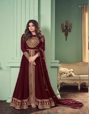 maroon top - heavy fox georgette with embroidery sequance work |  back side - heavy fox georgette | inner - heavy dull santoon | sleeves - heavy georgette sequance embroidery work | bottom - heavy dull santoon ( 2 m) | dupatta - nazmin digital less patti less | length - max upto 52 inch | size - max upto 44 inch | flair - max upto 2.80 m | type - semi stitched  fabric embroidery work party wear 