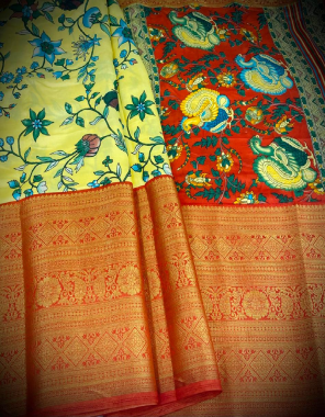 yellow big silk jacquard with kalmkari printed fabric printed work festive 