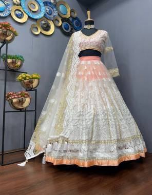 white choli - soft net | inner - crep | size - unstitched upto 44| lehenga - soft net | inner - crep | size - xxl | stitching type - semi stitched upto 44| flair - 3 m with cancan with canvas covering | dupatta - soft net  fabric embroidery work ethnic 
