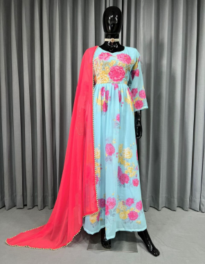 sky blue kurti - fox georgette with digital printed and hand work | inner - crep | size - m ( 38 ) | l ( 40 ) | xl ( 42 ) with xxl margin | dupatta - fox georgette with digital printed lace border ( 2.20 m)  fabric digital printed work party wear 