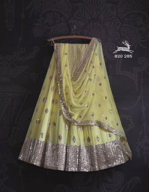 yellow lehenga - fox georgette | inner - micro silk | length - 42 inch width upto 42 to 44 | flair - bottoms upto 3.10 m | type - semi stitched  | blouse - fox georgette sequnace work | type - unstitched | dupatta - heavy fox georgette sequnace 9mm with fancy border work ( 2.40 m) fabric embroidery work ethnic 