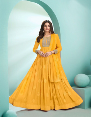 yellow top - georgette codding sequance work | sleeves - georgette embroidery work | inner - santoon ( attached with top ) | dupatta - nazmin embroidery border work | top length - max  upto 52 + inch | top bust size - max upto 46 inch | bottom - 2 m ( material ) | dupatta - 2.25 m | type - semi stitched  fabric embroidery work festive 