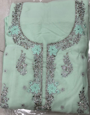 green top - georgette with embroidery with heavy zarkan work ( inducluding sleeves ) | inner & bottom - santoon | dupatta - georgette with embroidery butta with zarkan work | size - fits upto 52 | length - 41 