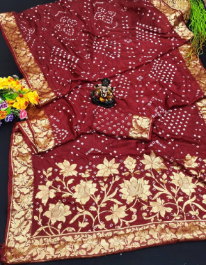 maroon pure bandhej silk with full weaving zari fabric weaving work festive 