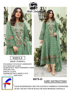 parrot green top - fox georgette with embroidery work | sleeves - fox georgette with embroidery work | inner - santoon | bottom - santoon work patch | dupatta - najmeen with moti work & four side lace | length - max upto 48 | size - max upto free  fabric embroidery work casual 