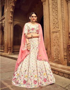 white lehenga - georgette | length - 42 inch | type - semi stitched | blouse - georgette ( 1 m) | type - unstitched | dupatta - georgette ( 2.40 m) | size - upto 42 bust and waist fabric thread with sequance work and embroidered work casual 