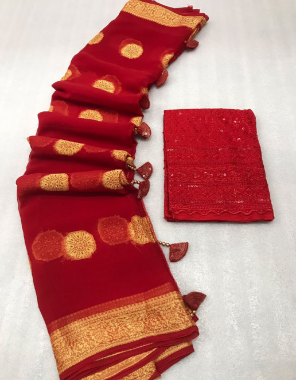 red saree - pure chiffon saree with weaving border and butta all over | blouse - heavy cotton embroidery sequance  fabric weaving work casual 