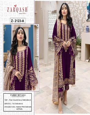 wine top - faux georgette | bottom & inner - santoon | dupatta - net with embroidery fabric embroidery work festive 