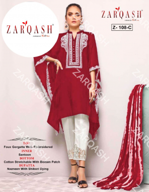 red top - heavy fox bluming fabric with embroidery work | bottom - cotton lycra with patch work ( full stitched ) | dupatta - nazmin saburi printed | size - top - xl size ( 42 - use to 44 size extra margin ) | pent - xl size ( length - 40 ) fabric embroidery work casual 