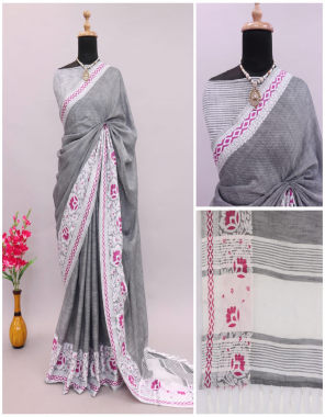 grey soft cotton linen colour flowers border with contrast blouse fabric weaving work casual 