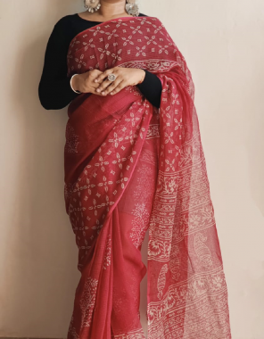 red kota dhoriya with digital printed & heavy satin blouse  fabric digital printed work festive 