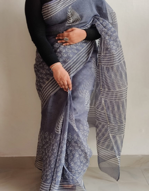 grey kota dhoriya with digital printed & heavy satin blouse  fabric digital printed work party wear 