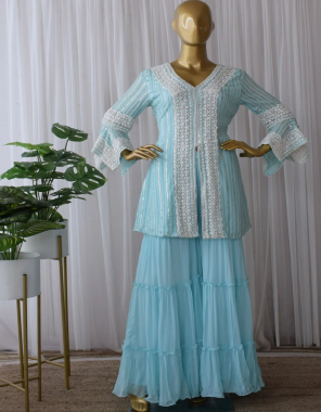 sky blue top - georgette embroidery sequance | sharara - georgette | inner - silk | stitch - full stitch upto 44 with elastic | 3 layer ruffle sharara  fabric embroidery work casual 