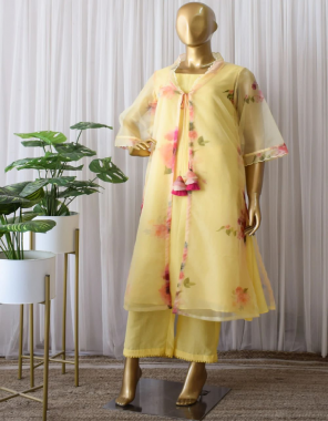 yellow jacket - organza silk | size - upto 42 ( free ) | top - maska cotton |pent - maska cotton | size - upto 44 ( free size with elastic ) fabric digital printed work casual 