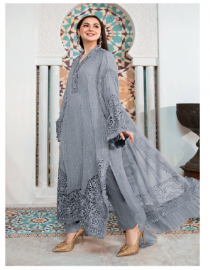 grey top - georgette with sequance embroidery work with stone work | dupatta - net with chain stitch work with 4 side frill | bottom - santoon | inner - santoon | length - 44