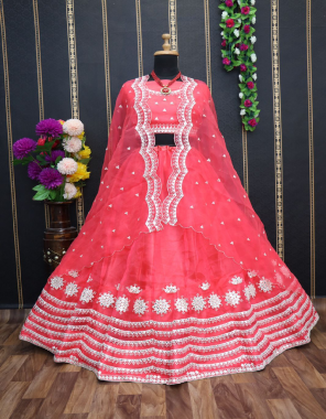 pink lehenga - pure organza silk with heavy thread embroidery work with full stitching finish stitching with double lining can can and canvas | length -44 inches | waist - upto 42 inches| lehenga - 2.80 m  | blouse - soft organza with heavy thread embroidery in blouse | unstitched blouse ( 1 m) | dupatta - soft organza dupatta with thread embroidery work ( 2.50 m)  fabric embroidery work party wear 