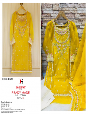 yellow top - pure organza with embroidery with khatli work inner & buttons | bottom - pure lycra pant | dupatta - pure organza with border lace | size - xl ( 42 ) with extra margin (  can be stitched upto 44 