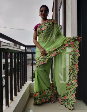 parrot green saree - georgette with sequance embroidery work | size - free size ( upto  30 to 44 adjustable given ) | blouse - frill work 3 layer georgette blouse | size - stitched ( free size upto 44 )  fabric sequance embroidery work casual 