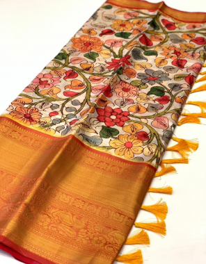 white partibha soft banarasi silk kalmkari block print  fabric printed work ethnic 