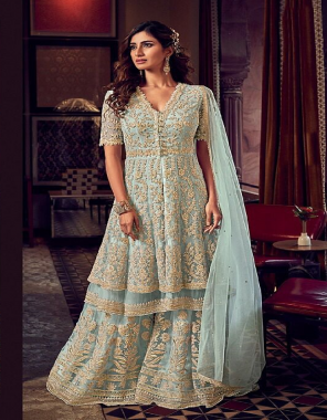 sky blue top - heavy net with codding embroidery work | size - max upto 48 | length - max upto 42 inches | sleeves - heavy net with embroidery work  | top inner - santoon | lehenga - heavy net with codding embroidery work | inner - santoon ( attached ) | dupatta - heavy net codding codding embroidery work | type - semi stitched fabric embroidery work festive 