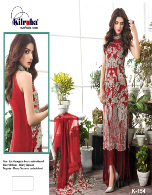 red top - georgette with heavy sequance and lace work including sleeves | inner & bottom - santoon | dupatta - chiffon with embroidery and moti work | type - semi stitched | size - fits upto 46 | length - 44 fabric embroidery work festive 