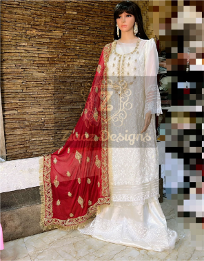 white top - georgette embroidered with moti work | inner & bottom - santoon | dupatta - contrast red with golden zari thread work dupatta fabric embroidery work party wear 