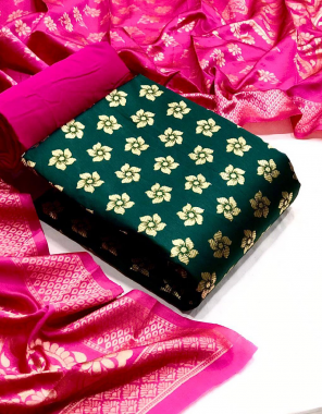 dark green top : banarasi silk ( 2m) 50 panna | bottom : heavy silk ( 2m) 56 panna | dupatta - jacquard weaving ( 2.30m) 24 panna fabric jacquard work running 