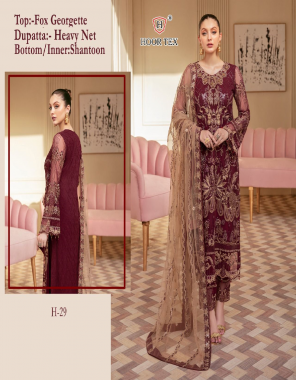maroon top - fox georgette with embroidery sequance work ( font & back both side work )  | bottom - santoon with patch work | inner - santoon | dupatta - net with embrtoidery work  | size - 54 ( 7xl) fabric embroidery work festive 