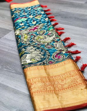 blue pratibha soft banarasi silk kalamkari block print fabric printed work festive 