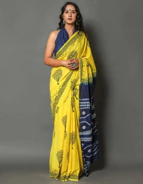 yellow saree - original cotton silk | blouse - navy blue colour plain satin silk fabric print work ethnic 