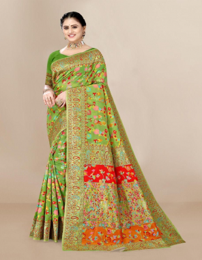 parrot green saree - spun cotton | blouse - cotton fabric weaving work casual 
