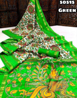 parrot green kamadenu soft silk kalamkari handpicked printed fabric printed work ethnic 