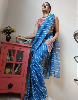 sky blue saree - cotton linen blend | size - free size ( 30 - 44 adjustable ) | blouse - kalamkari blouse ( same as pocket fabric ) | size - unstitched ( 1m)  fabric printed work wedding 