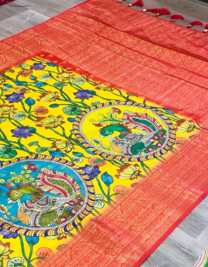 yellow pratibha soft banarasi silk kalamkari printed fabric printed work casual 