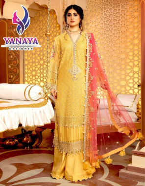 yellow top - georgette embroidery with stone work | bottom - santoon | inner - santoon | dupatta - net embroidery with 4 side less | size - 54 inch ( 7xl ) max | length - 46 inch  fabric embroidery work party wear 