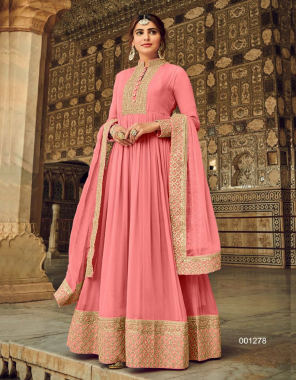 pink top - georgette codding sequance embroidery work | sleeves - georgette embriodery work | inner - santoon ( attached with top ) | bottom - santoon ( material ) | dupatta - nazmin embroidery border | top - length - max upto 52 + inch | top bust size - max upto 46 inch | bottom - 2m ( material ) | dupatta - 2.25 m| type - semi stitched fabric embroidery work casual 