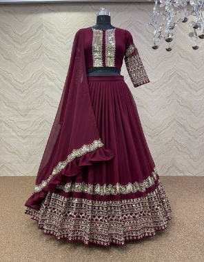 maroon lehenga - heavy fox georgette | inner - micro cotton | length - 42 - 44 inch | flair - 3 m | type - semi stitched | choli - heavy fox georgette | sleeves - full sleeves with embroidery work | type - unstitch ( 1m fabric ) | dupatta - heavy fox georgette embroidery sequance work with ruffle work ( 2.1m) fabric embroidery work casual 