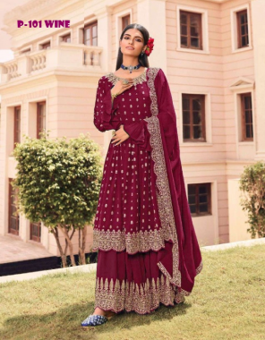 wine top - heavy fox with embroidery work sequance & back side work | type - semi stitched ( free size ) | sleeves - heavy fox georgette | sleeves - heavy fox georgette | inner - santoon | plazzo - heavy fox georgette with embroidery sequance work with inner attached ( santoon ) | type - stitched | dupatta - nazneen embroidery worked with 4 size less  fabric embroidery work casual 