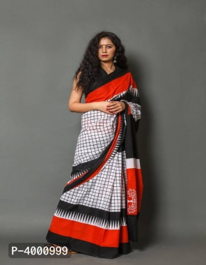 white saree - original cotton silk | blouse - black satin silk blouse fabric printed work festive 
