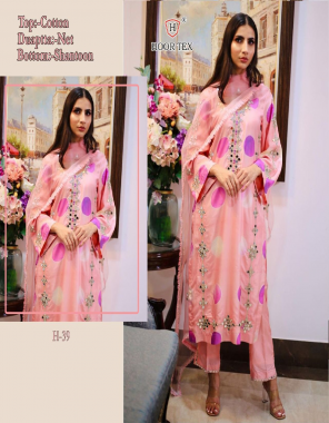 pink top - heavy cotton printed with embroidery work with mirror work | bottom - santoon | dupatta - net with embroidery mirror with four side less | size - 56 ( 8xl) fabric embroidery work party wear 