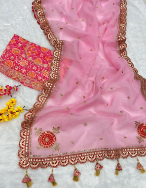 pink saree - chex organza silk | blouse - vichitra silk with digital printed ( material ) fabric gotta patti lace border work wedding 