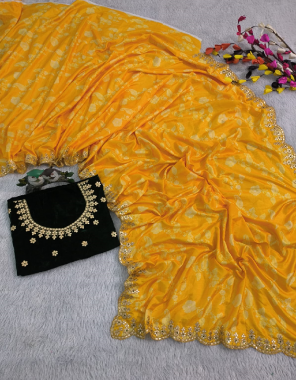 yellow saree - vichitra silk with digital printed | blouse - vicose velvet  fabric embroidery + digital printed work wedding 