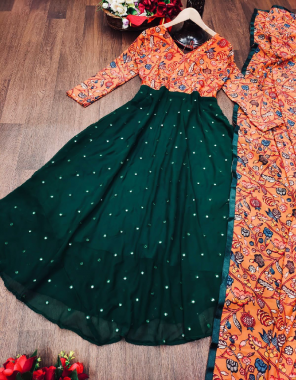 dark green georgette with complete linning | sleeves - 3/4rth sleeves | flair - 3.5m | length - 50 