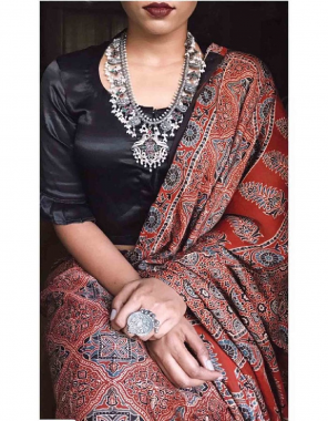 brown saree - muslin cotton | blouse - black colour plain satin silk blouse fabric digital printed work festive 