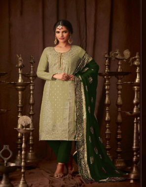 parrot green top - heavy faux georgette with embroidery jari work ( 2m) | sleeves - heavy faux georgette | inner - heavy santoon | bottom / inner - heavy shantoon  ( 2.25 m) | dupatta - pure chinon with antique gold print ( 2.25m) | size - max upto 56 +| type - semi stitched  fabric embroidery work ethnic 