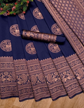 navy blue soft lichi silk  fabric weaving work party wear 