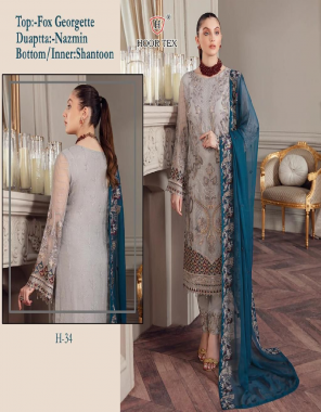 grey top - fox georgette with embroidery sequance work | bottom - santoon with patch work | inner - santoon | dupatta - nazneen with embroidery work | size - 54 ( 7xl)  fabric embroidery work party wear 