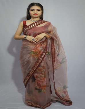 brown saree - pure organza digital printed  | blouse - banglory silk fabric digitalprinted work ethnic 